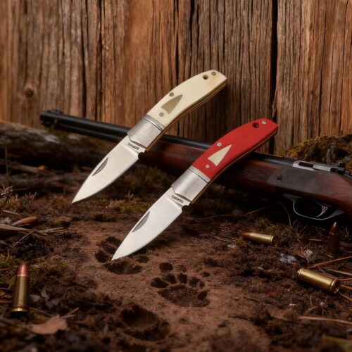 Model/Item/Part - BG044. Begg - Mini Hunter Drop Point Slip Joint Knife Stainless Bolster Red Handles. 3.38" (8.59cm) closed. 2.38" (6.05cm) satin finish 14C28N Sandvik stainless drop point blade. Red G10 handle. Stainless bolster(s). Inlay shield. Black nylon zippered storage case. Boxed. Made in China. Specifications