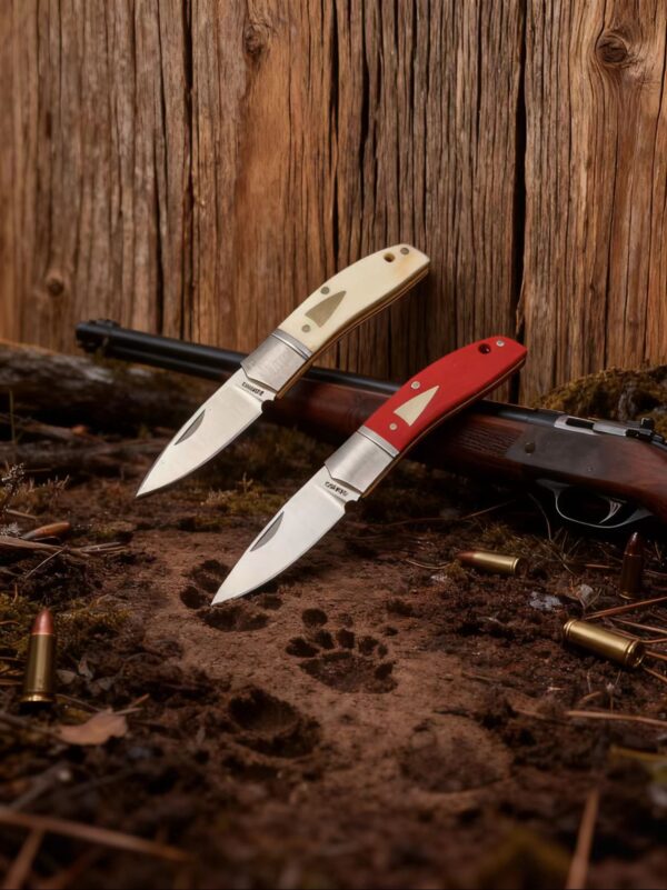 微信图片_20251028104336_210_1 Model/Item/Part - BG044. Begg - Mini Hunter Drop Point Slip Joint Knife Stainless Bolster Red Handles. 3.38" (8.59cm) closed. 2.38" (6.05cm) satin finish 14C28N Sandvik stainless drop point blade. Red G10 handle. Stainless bolster(s). Inlay shield. Black nylon zippered storage case. Boxed. Made in China. Specifications